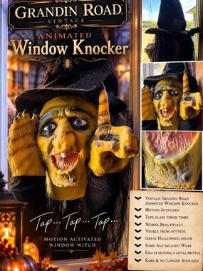 Grandin Road Animated Vintage Window Knocker / Tapping Witch Halloween Decor